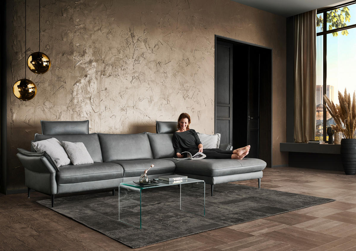 ECKSOFA in Echtleder Anthrazit  - Anthrazit/Schwarz, Design, Leder/Metall (334/172cm) - Hukla