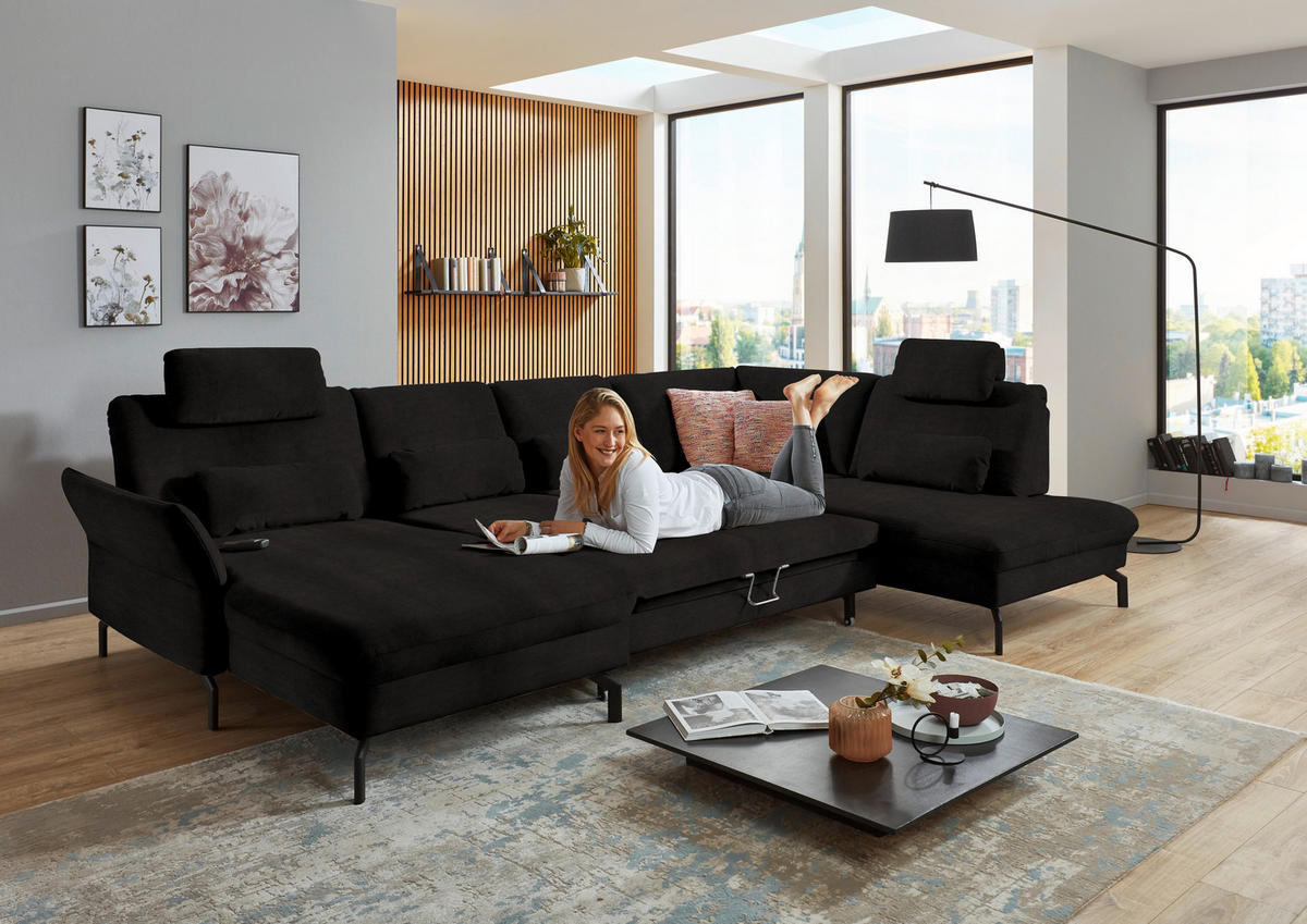 WOHNLANDSCHAFT in Velours Dunkelbraun  - Dunkelbraun/Schwarz, Design, Textil/Metall (179/335/220cm) - Beldomo System