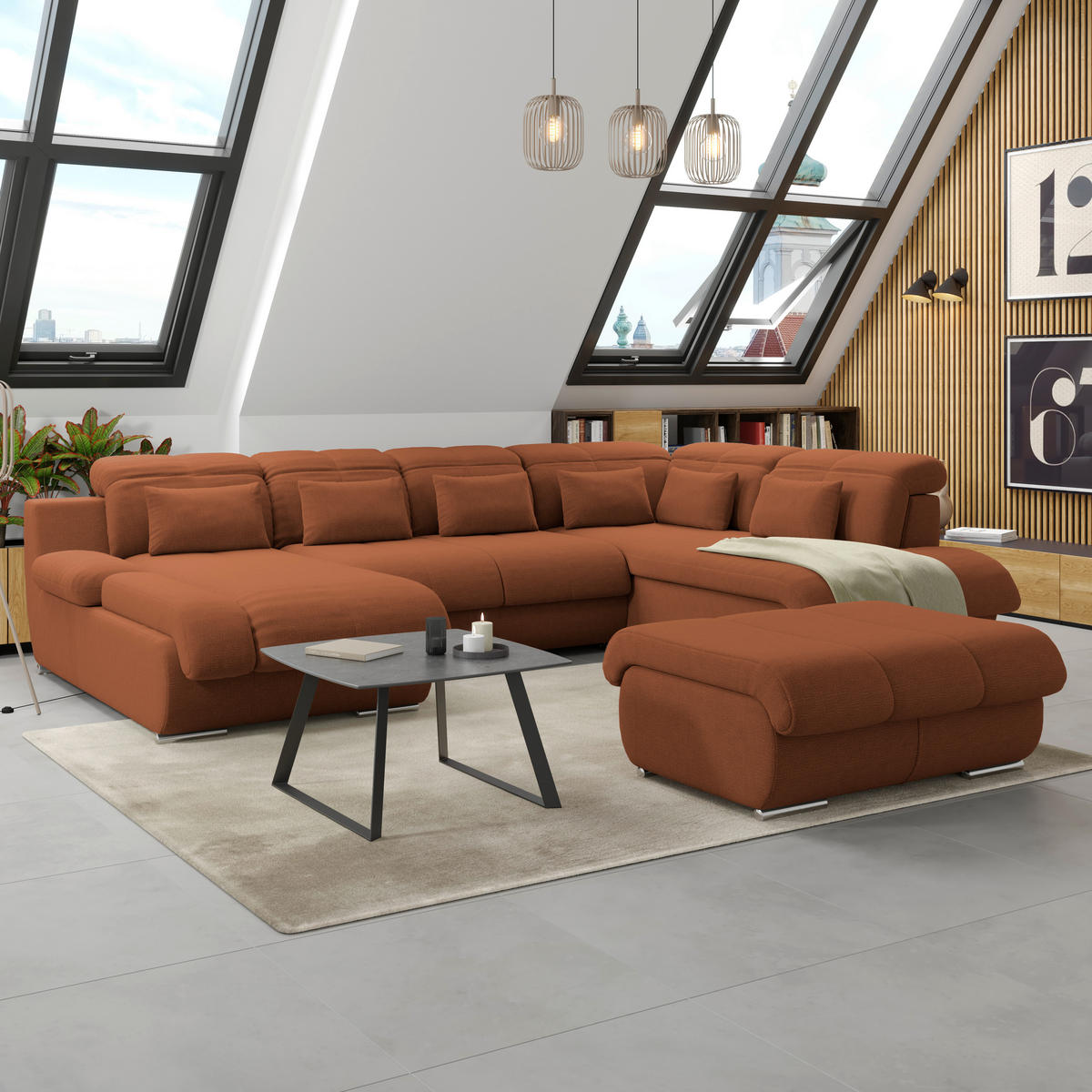 WOHNLANDSCHAFT MULTI Terracotta Chenille  - Chromfarben/Terracotta, MODERN, Textil/Metall (184/345/228cm) - Livetastic