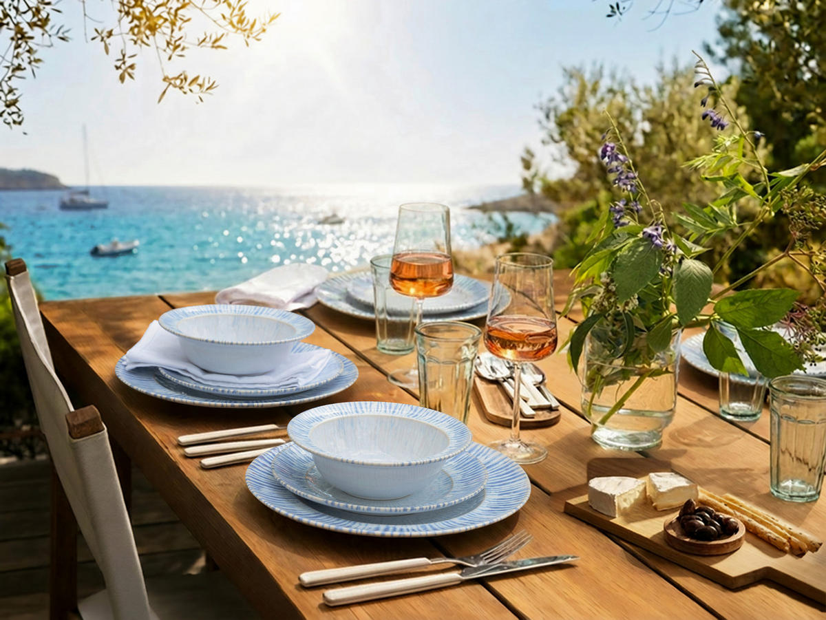 TAFELSERVICE Rondo Summertime 12-teilig  - Weiss/Hellblau, Design, Keramik - Creatable