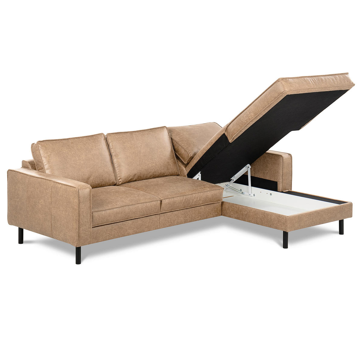 ECKSOFA Sandfarben Echtleder Lederlook Bettkasten, Schlaffunktion, Rücken echt  - Sandfarben/Schwarz, Design, Leder/Textil (166/238cm) - Livetastic