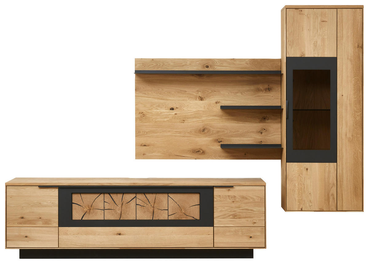 WOHNWAND  in Schwarz, Eichefarben  283,8/203,3/45,2 cm  - Eichefarben/Schwarz, Design, Glas/Holz (283,8/203,3/45,2cm) - Valdera