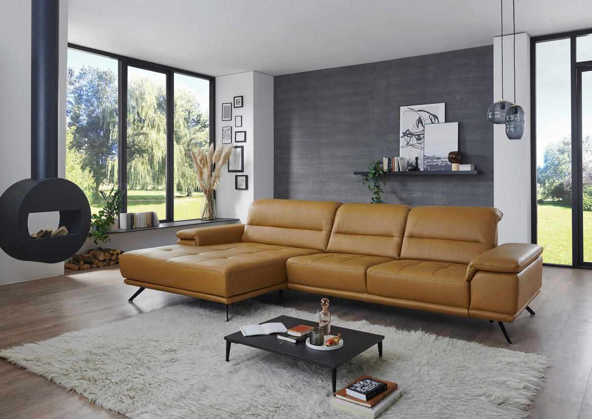 ECKSOFA Echtleder Currygelb  - Currygelb/Schwarz, Konventionell, Leder/Metall (193/343cm) - Beldomo Premium