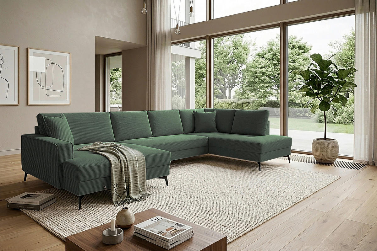 WOHNLANDSCHAFT ZERO Dunkelgrün Cord  - Dunkelgrün/Schwarz, Trend, Textil/Metall (173/362/195cm) - Livetastic