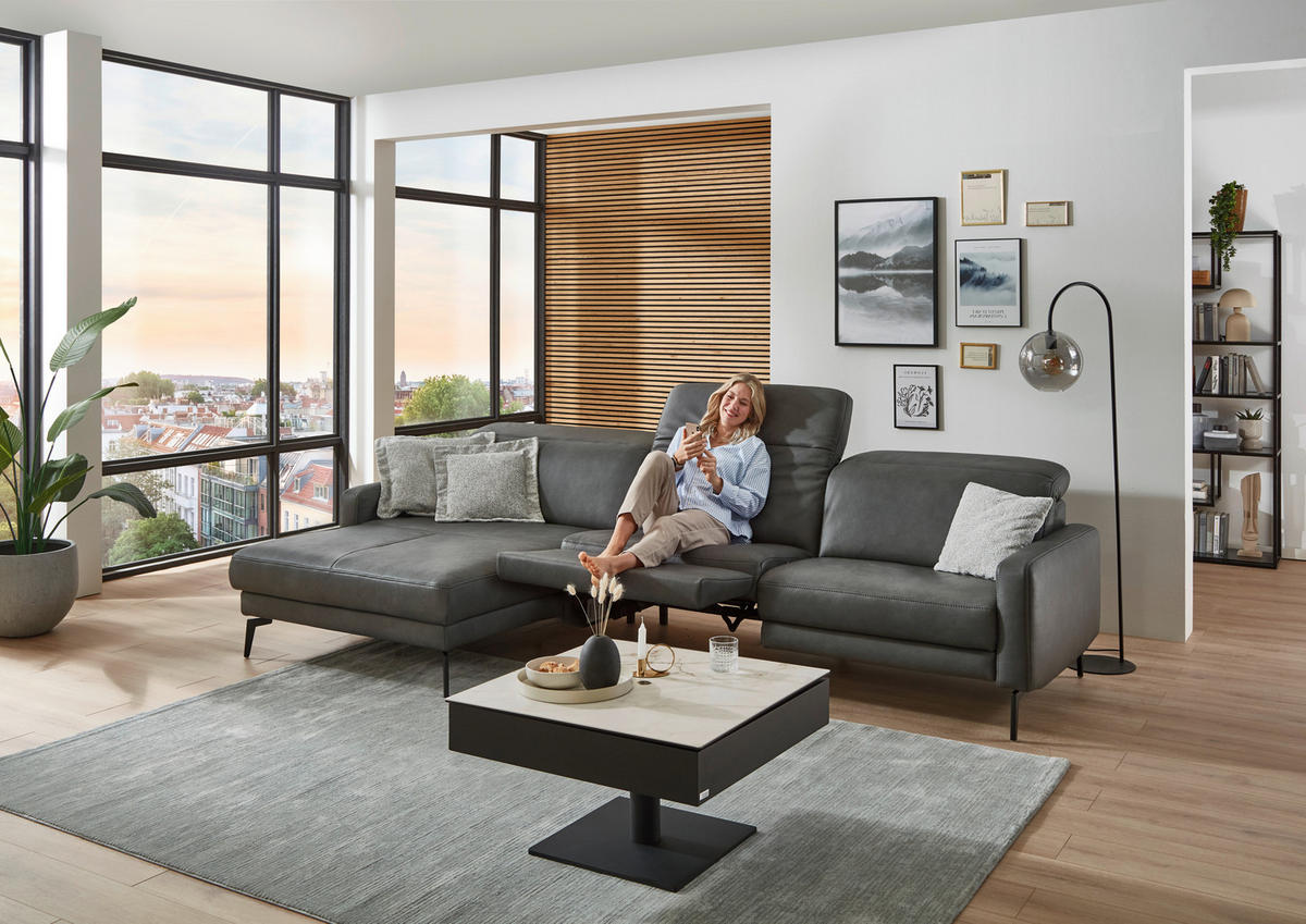 ECKSOFA  in Echtleder Anthrazit  179/323 cm  - Anthrazit/Schwarz, Design, Leder/Metall (179/323cm) - Dieter Knoll