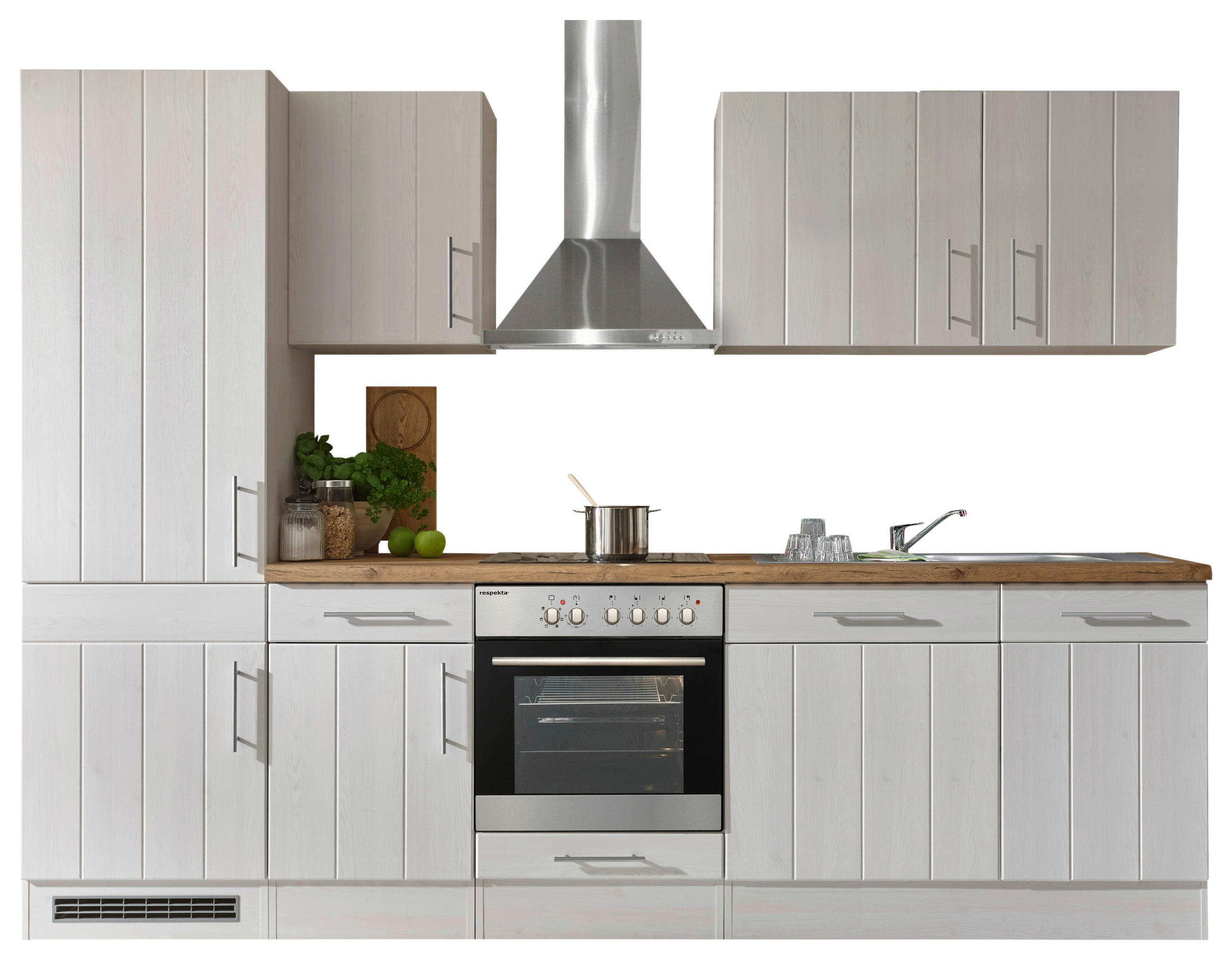 KÜCHENBLOCK 280 cm Weiß, Lärchefarben E-Geräte, Spüle, Soft-Close-System, Ab- und Überlaufgarnitur - Wildeiche/Edelstahlfarben, ROMANTIK / LANDHAUS, Metall (280cm) - Respekta
