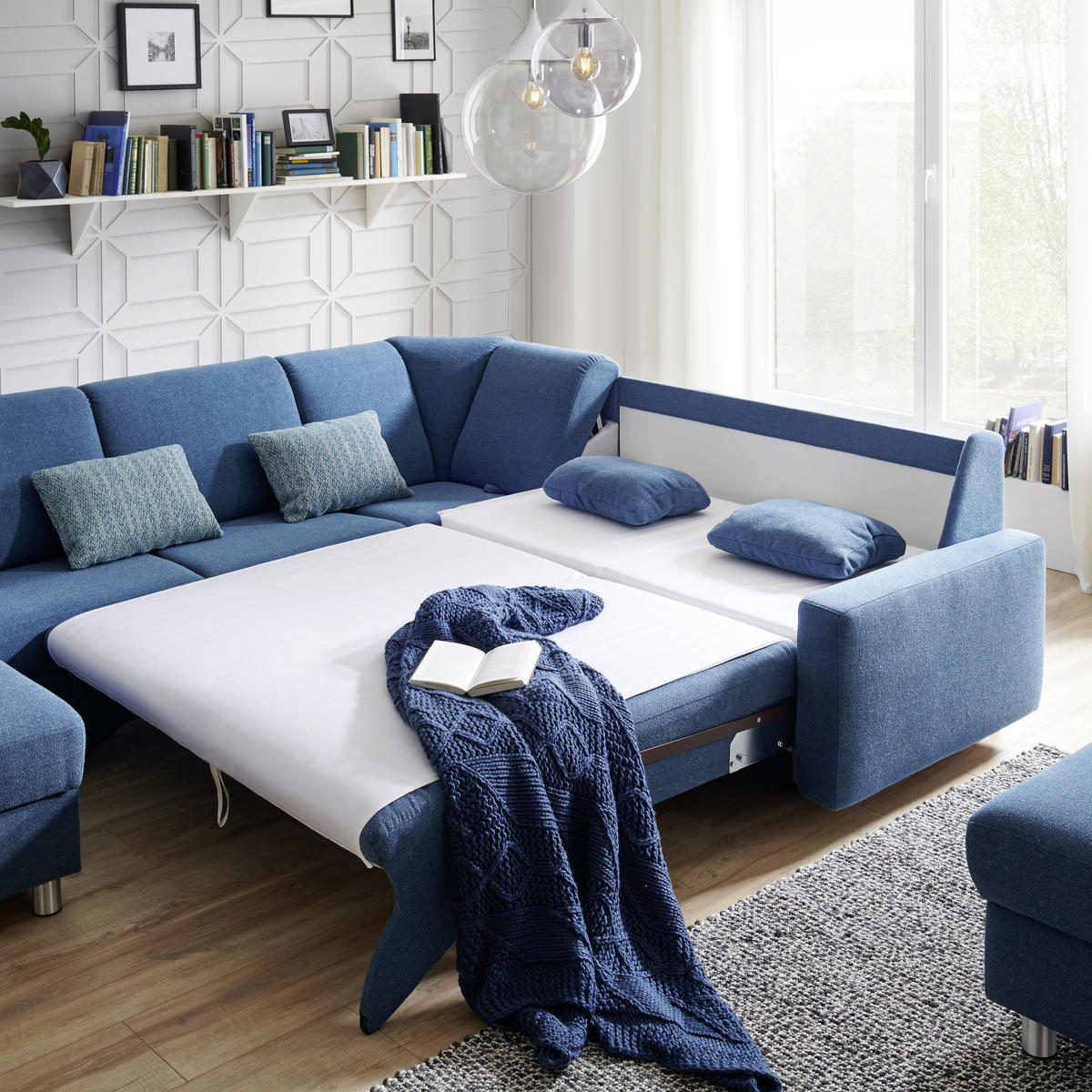 WOHNLANDSCHAFT in Jacquard Blau, Petrol  - Blau/Petrol, KONVENTIONELL, Kunststoff/Textil (158/322/236cm) - Sedda