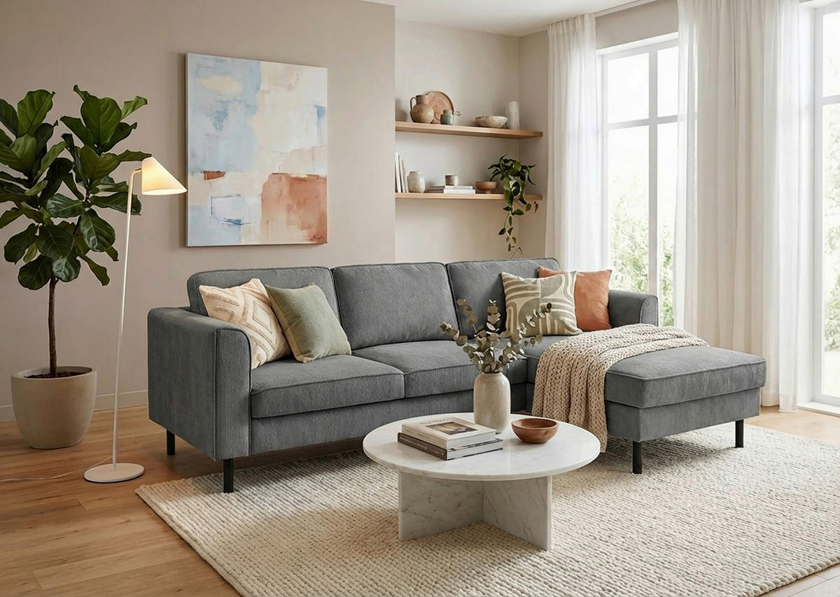 ECKSOFA  in Cord Dunkelgrau  232/161 cm  - Dunkelgrau/Schwarz, MODERN, Textil/Metall (232/161cm) - Trendmanufaktur