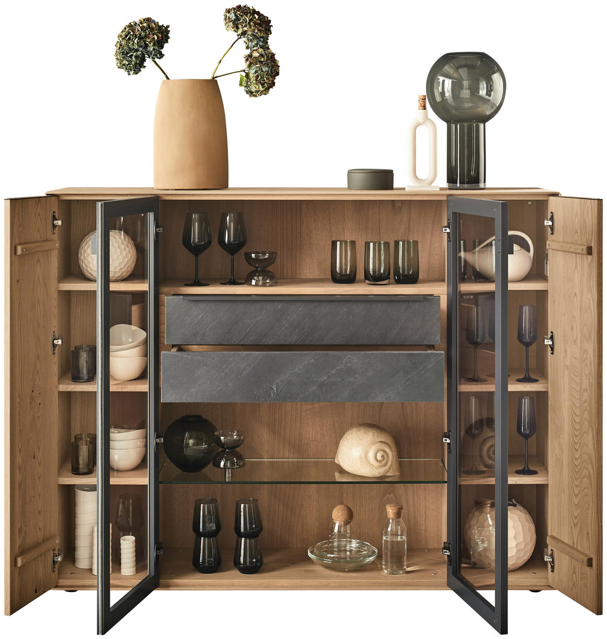 HIGHBOARD Anthrazit, Kastanienfarben  152/119,1/39,5 cm  - Kastanienfarben/Anthrazit, Natur, Glas/Holz (152/119,1/39,5cm) - Valnatura