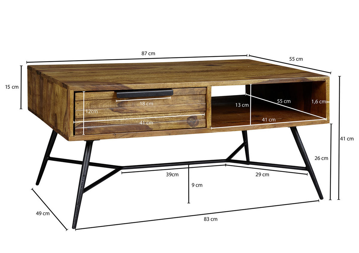 Couchtisch "Nishan" , Sheesham massiv 87/41/55 cm rechteckig Sheeshamfarben  - Sheeshamfarben/Schwarz, Design, Holz/Metall (87/41/55cm) - MID.YOU