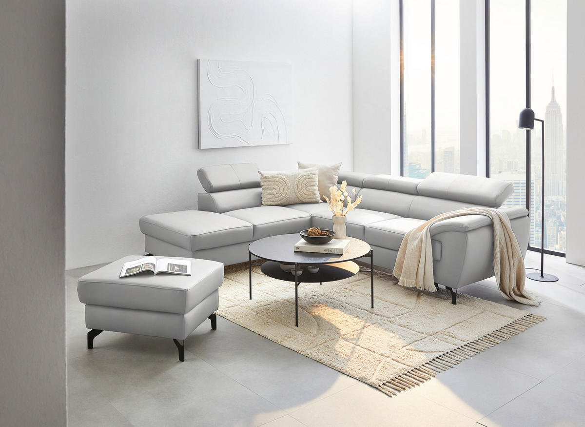 ECKSOFA in Echtleder Hellgrau  - Hellgrau/Schwarz, Design, Leder/Metall (220/256cm) - Celina Home