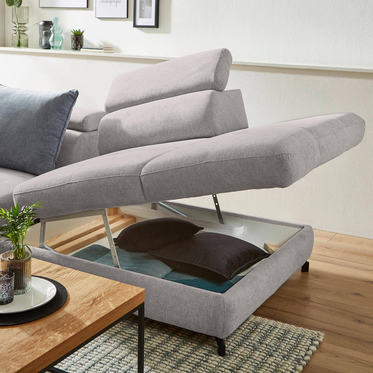 ECKSOFA in Webstoff Grau, Hellgrau  - Hellgrau/Schwarz, Design, Textil/Metall (277/237cm) - Stylife