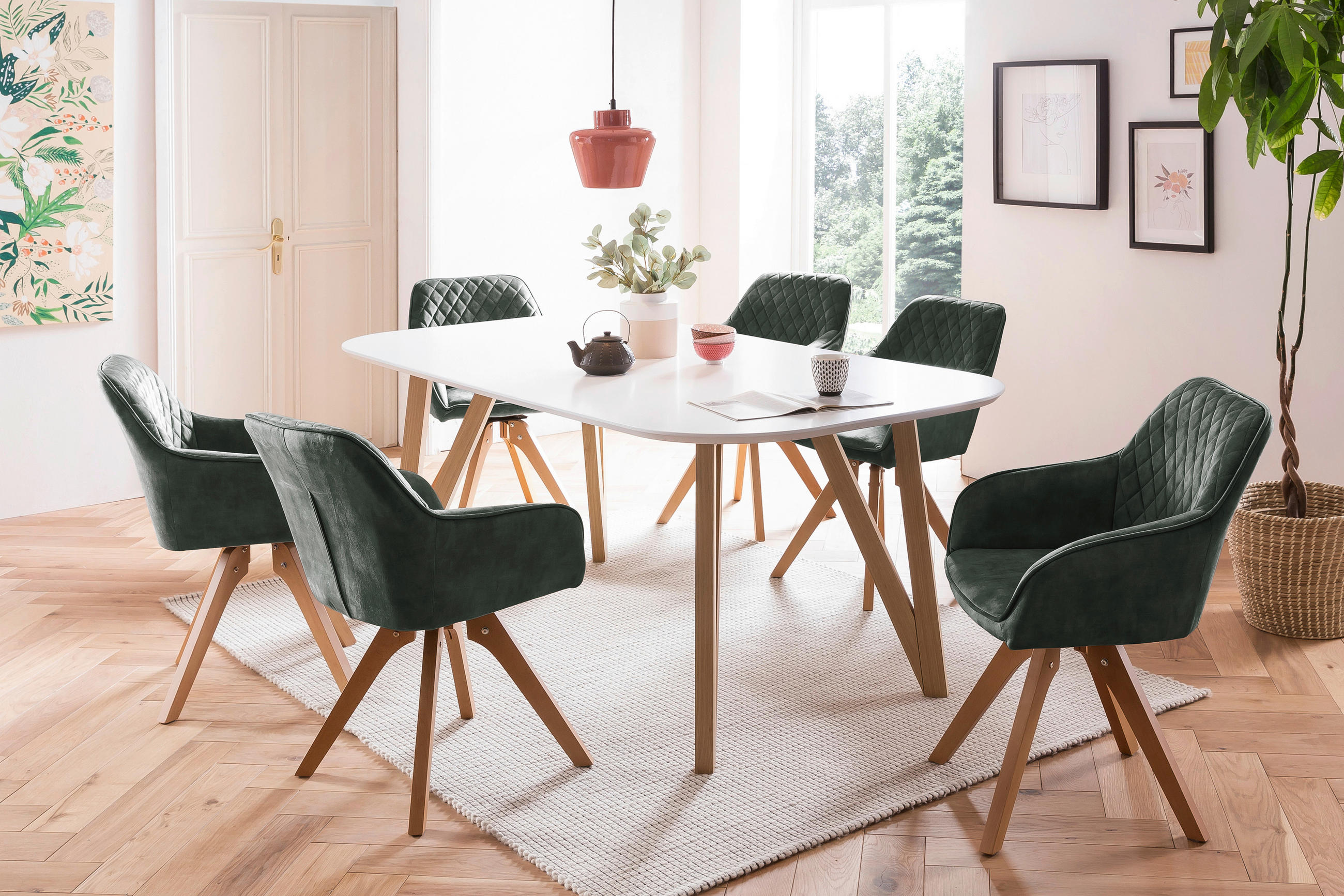 TISCHGRUPPE Weiß, Dunkelgrün  - Dunkelgrün/Naturfarben, MODERN, Holz/Textil (180/90/76cm) - Livetastic