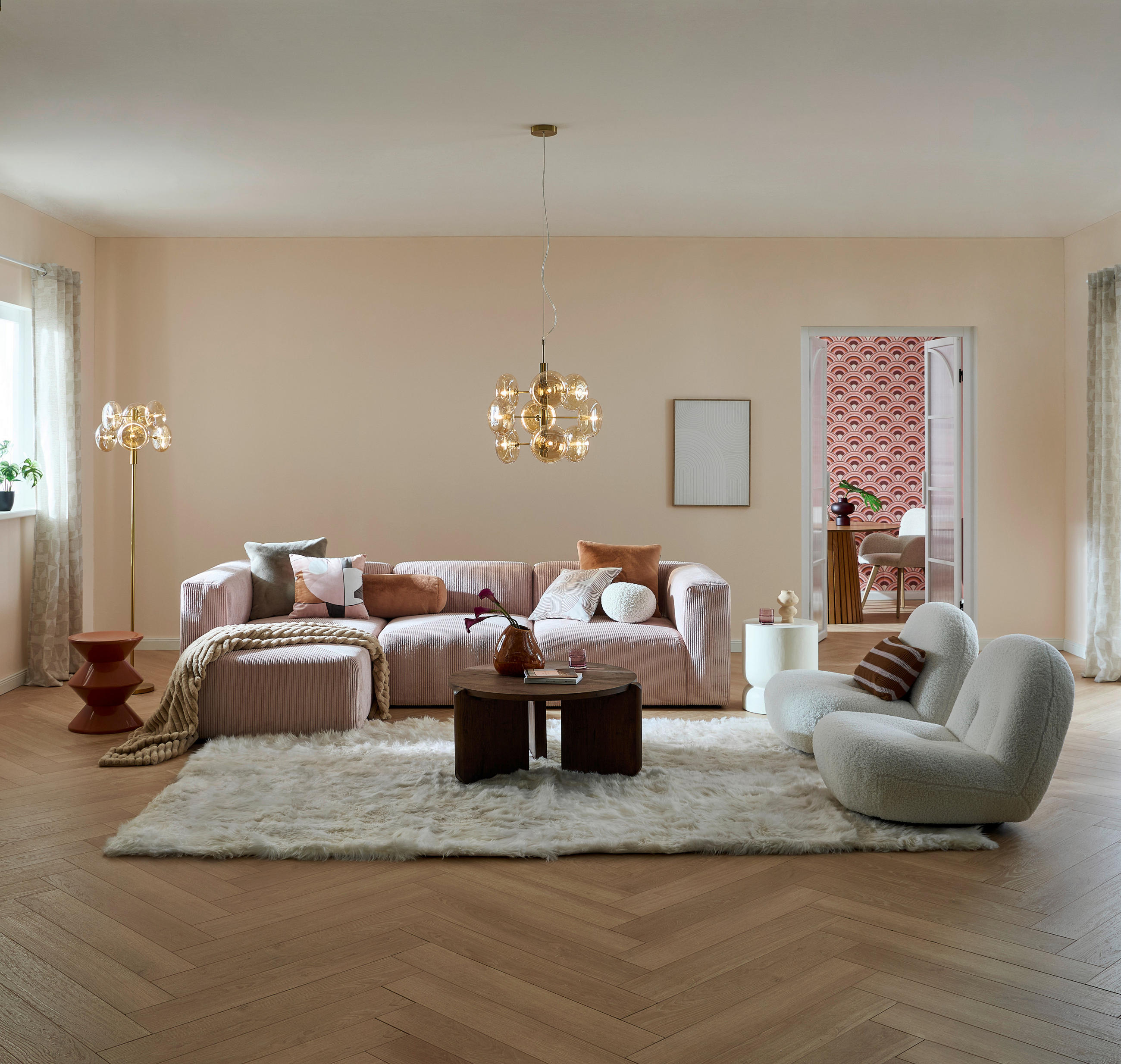 ECKSOFA Rosa, Roségold Cord, Mikrofaser  - Roségold/Schwarz, Design, Kunststoff/Textil (301/69/193cm) - MID.YOU