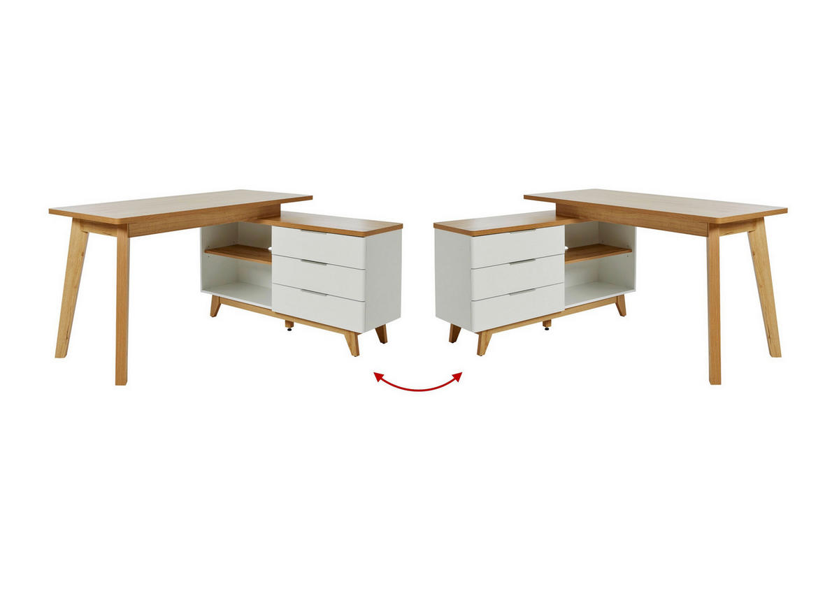 ECKSCHREIBTISCH 140/118/76 cm  in Weiß, Eichefarben  - Eichefarben/Alufarben, KONVENTIONELL, Holzwerkstoff/Metall (140/118/76cm) - Livetastic