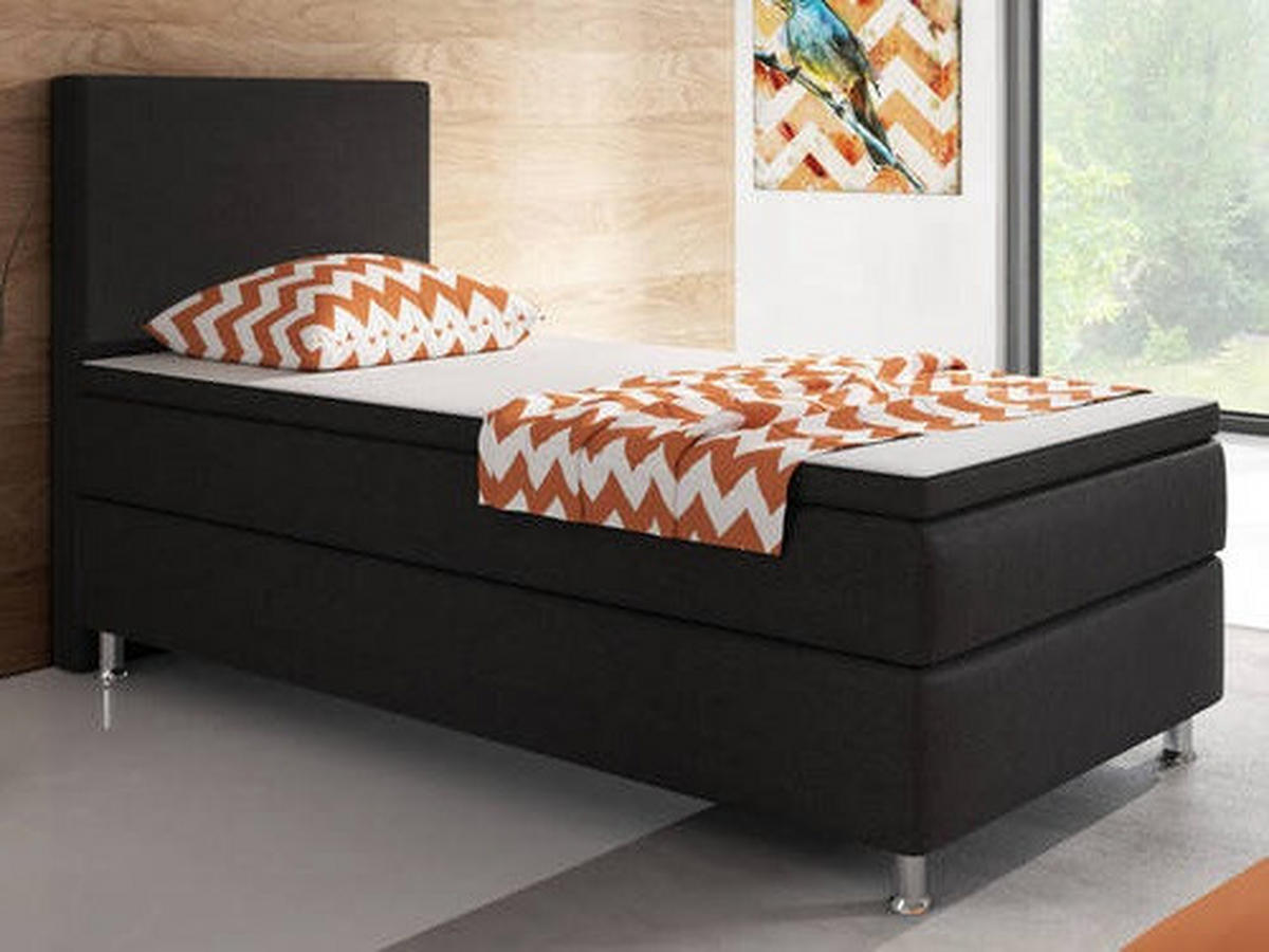 BOXSPRINGBETT 90/200 cm,  in Schwarz, Matratze, gepolstertes Kopfteil, Topper, H3 = fest  - Silberfarben/Schwarz, KONVENTIONELL, Textil/Metall (90/200cm) - MID.YOU