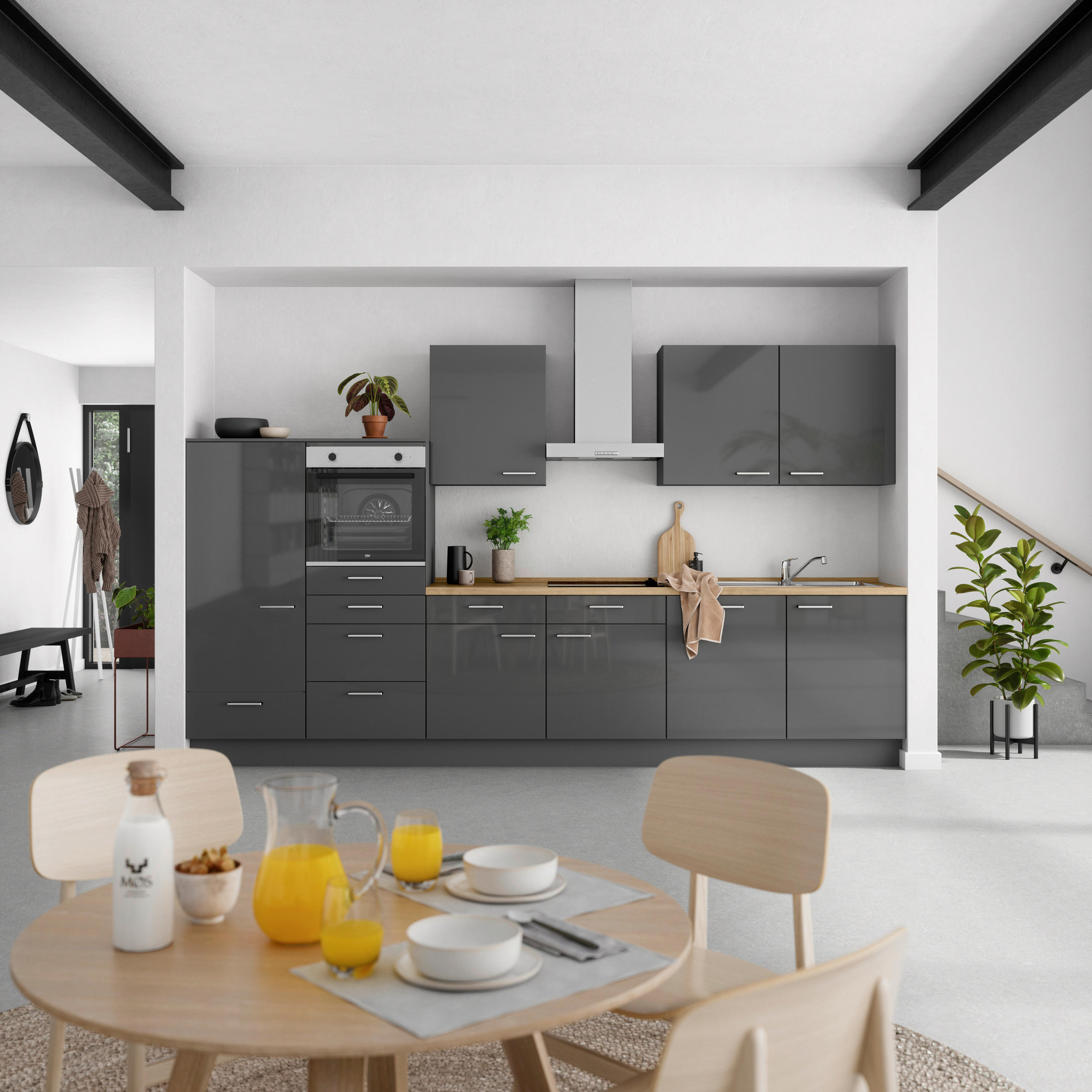 KÜCHENLEERBLOCK 360 cm   in Eichefarben, Schieferfarben  - Schieferfarben/Edelstahlfarben, MODERN, Holzwerkstoff/Metall (360cm) - Nobilia
