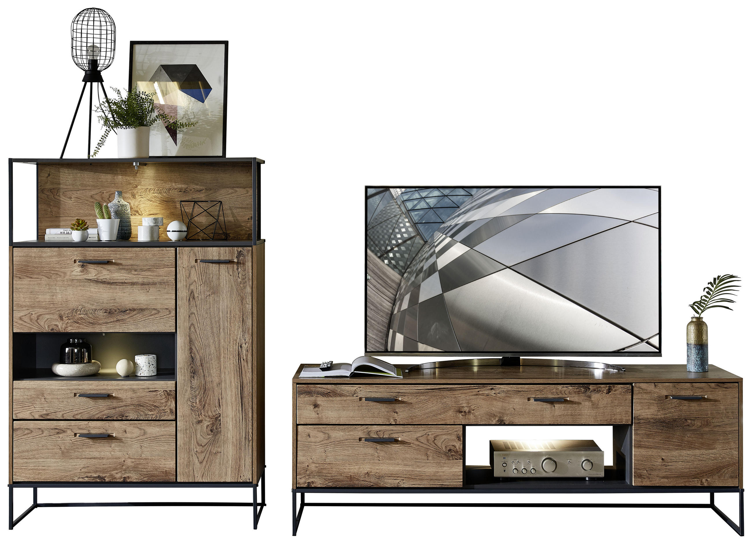 WOHNWAND Graphitfarben, Eichefarben Einlegeböden - Eichefarben/Anthrazit, MODERN, Glas/Holzwerkstoff (289/151/48cm) - Livetastic