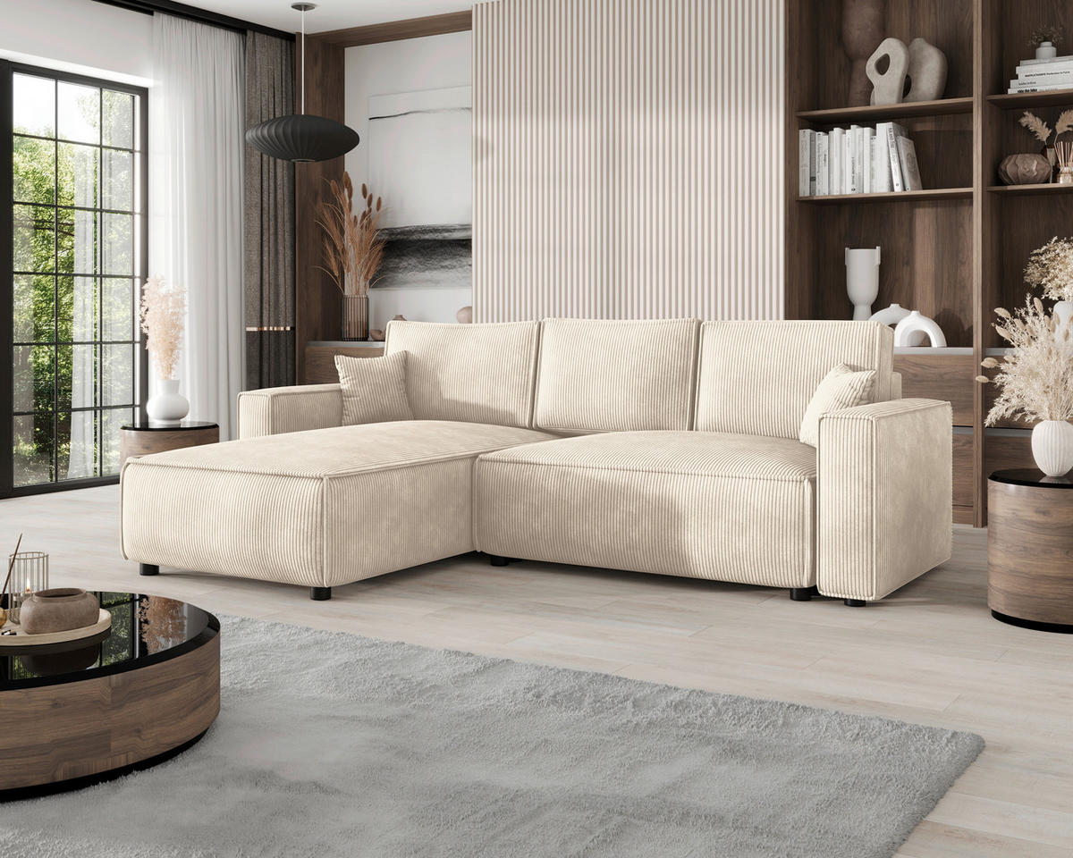 ECKSOFA Creme Cord Zierkissen, Rückenkissen, Bettkasten, Schlaffunktion, Rücken echt, Liegefläche im Originalstoff  - Creme/Schwarz, MODERN, Kunststoff/Textil (190/280cm) - Carryhome