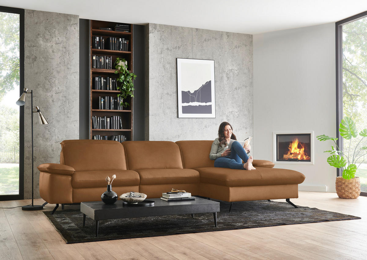 ECKSOFA  Echtleder Cognac  - Cognac/Schwarz, Design, Leder/Metall (307/169cm) - Beldomo Premium
