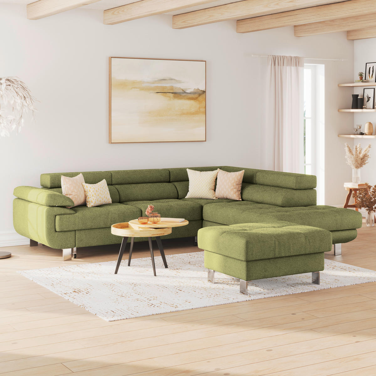 HOCKER in Textil Khaki  - Khaki, Modern, Textil/Metall (90/44/73cm) - MID.YOU