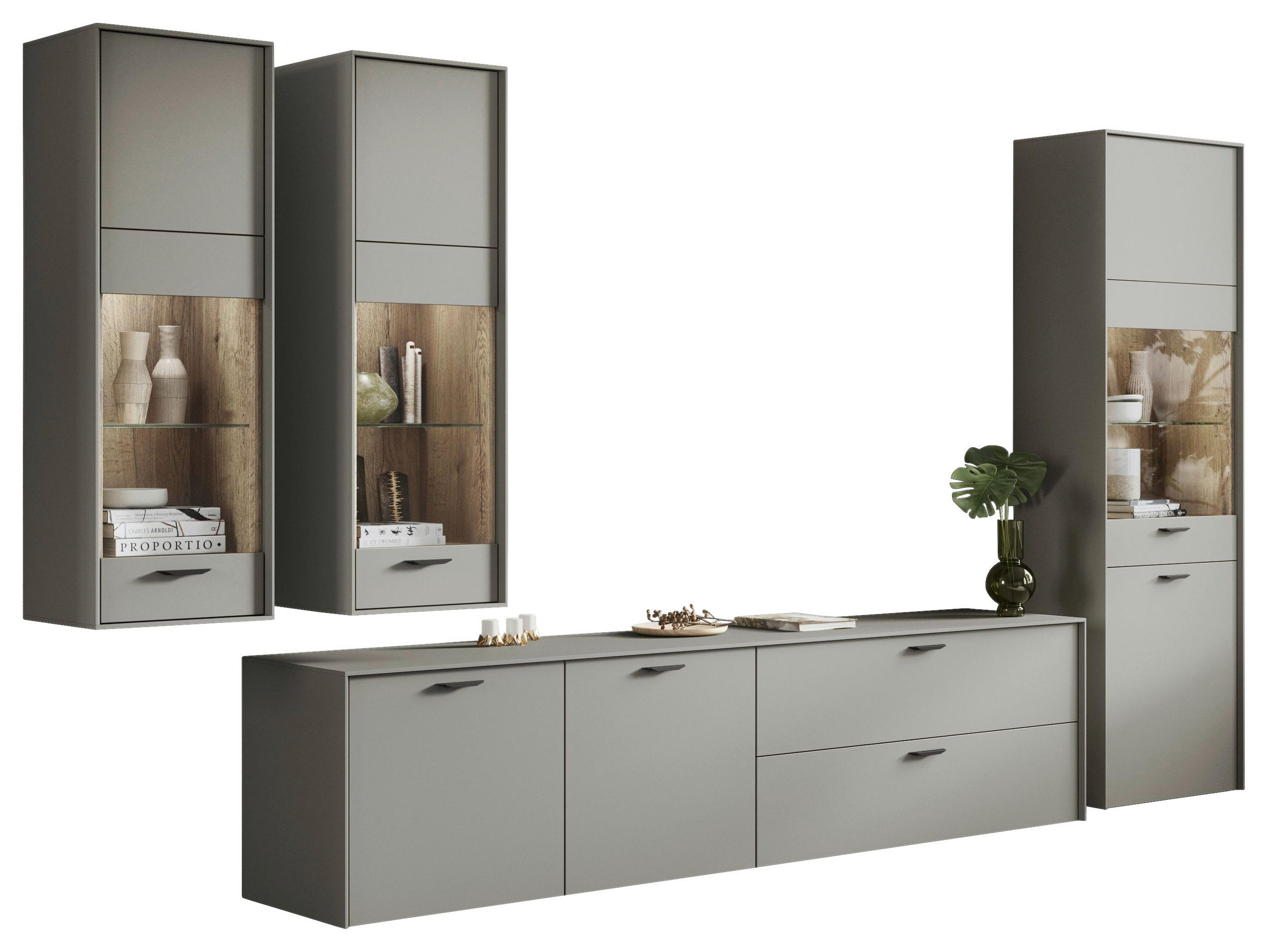 WOHNWAND  in Grau, Taupe, Eichefarben  360/205/50 cm  - Taupe/Eichefarben, MODERN, Glas/Holzwerkstoff (360/205/50cm) - Celina Home