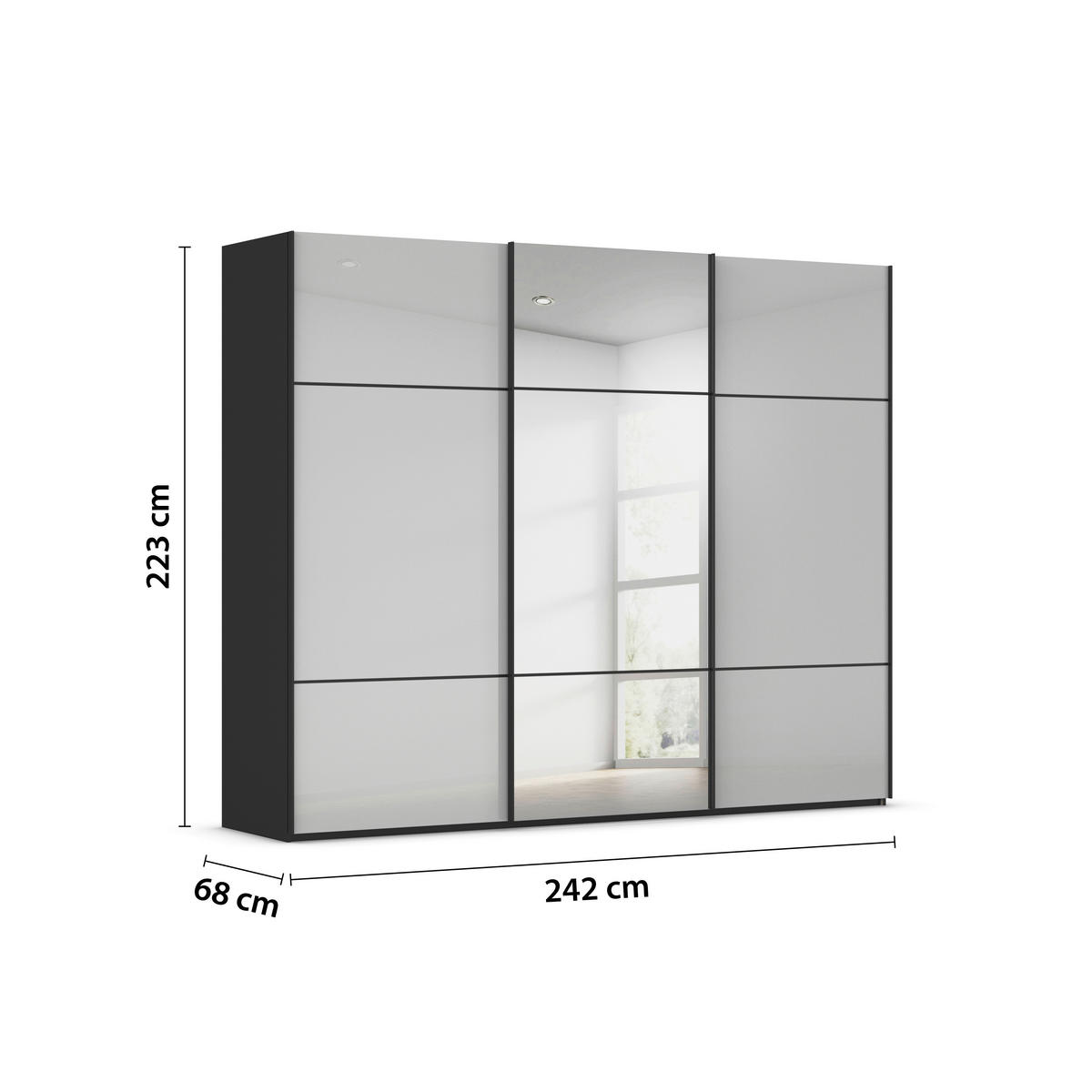 SCHWEBETÜRENSCHRANK in Grau, Schwarz  - Schwarz/Grau, Konventionell, Glas/Holzwerkstoff (242/223/68cm) - Novel