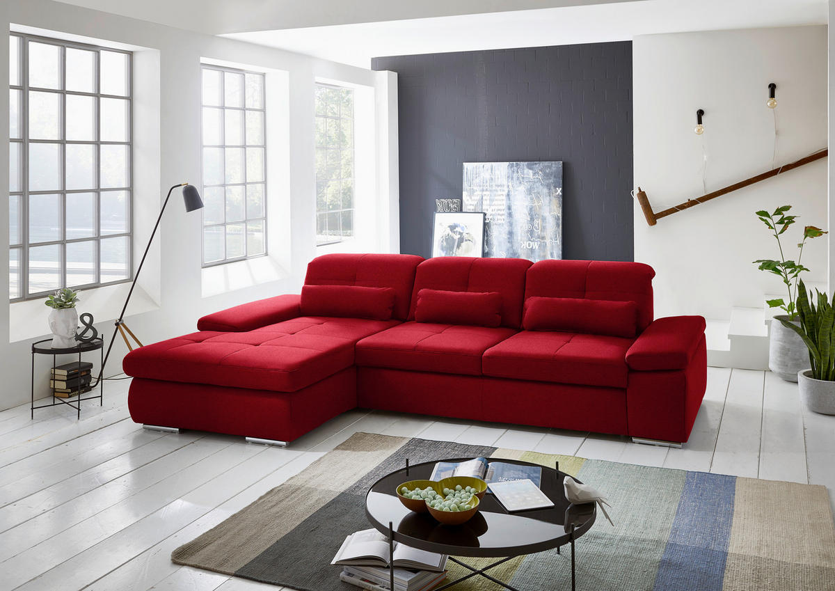 ECKSOFA  in Flachgewebe Rot  195/309 cm  - Chromfarben/Rot, Design, Textil (195/309cm) - Beldomo Style