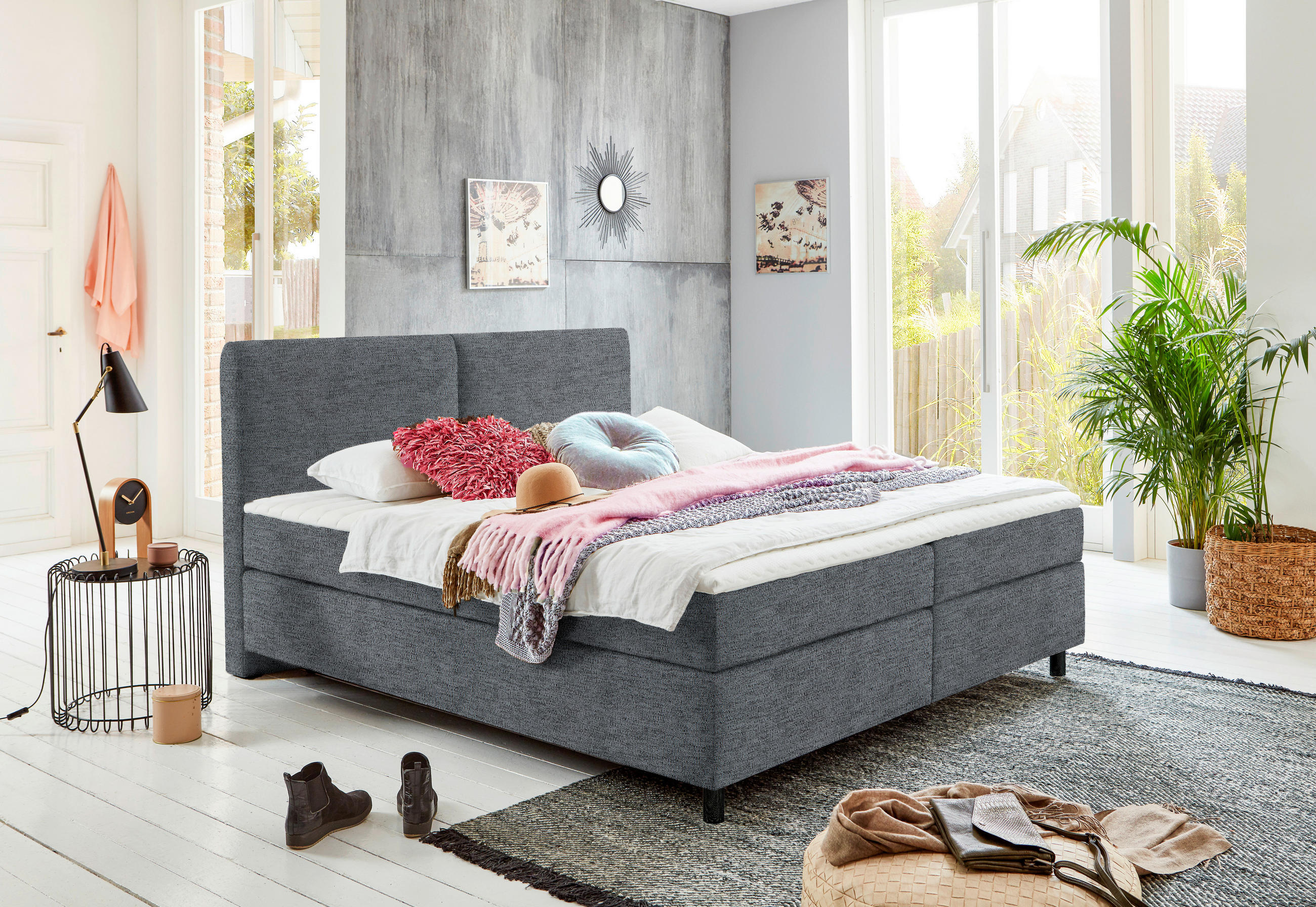 BOXSPRINGBETT 200/200 cm  in Dunkelgrau  - Dunkelgrau/Schwarz, Konventionell, Kunststoff/Textil (200/200cm) - Hom`in