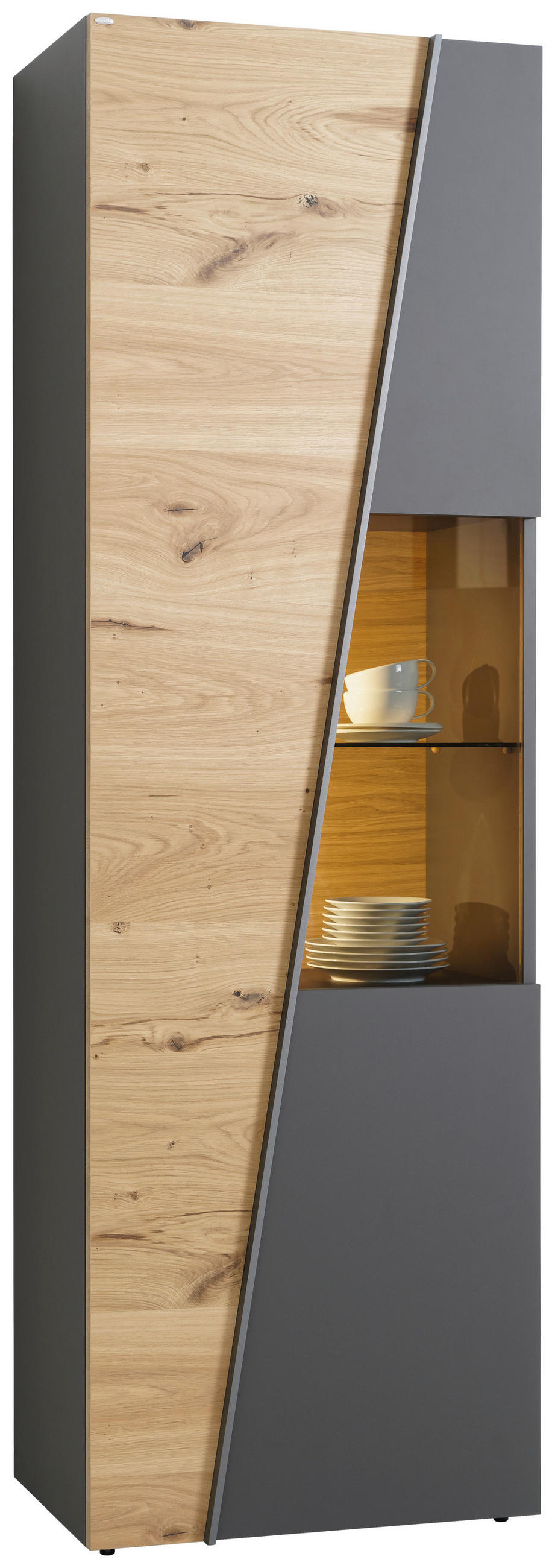 VITRINE  in furniert, mehrschichtige Massivholzplatte (Tischlerplatte) Wildeiche Graphitfarben, Wildeiche - Wildeiche/Graphitfarben, Natur, Glas/Holz (63,8/202/42,3cm) - Voglauer
