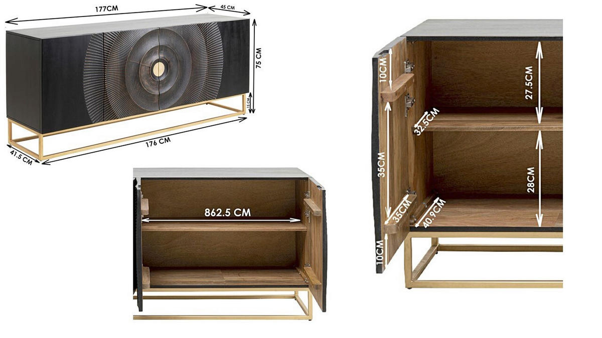 SIDEBOARD  in 177/75/45 cm  - Dunkelbraun/Goldfarben, Design, Holz/Metall (177/75/45cm) - Kare-Design