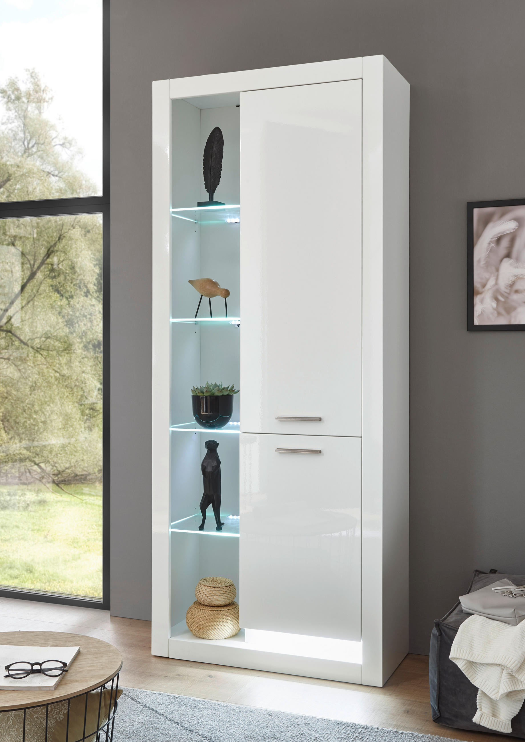 VITRINE in Weiß Hochglanz - Edelstahlfarben/Weiß Hochglanz, Design, Glas/Holzwerkstoff (80/195/37cm) - MID.YOU