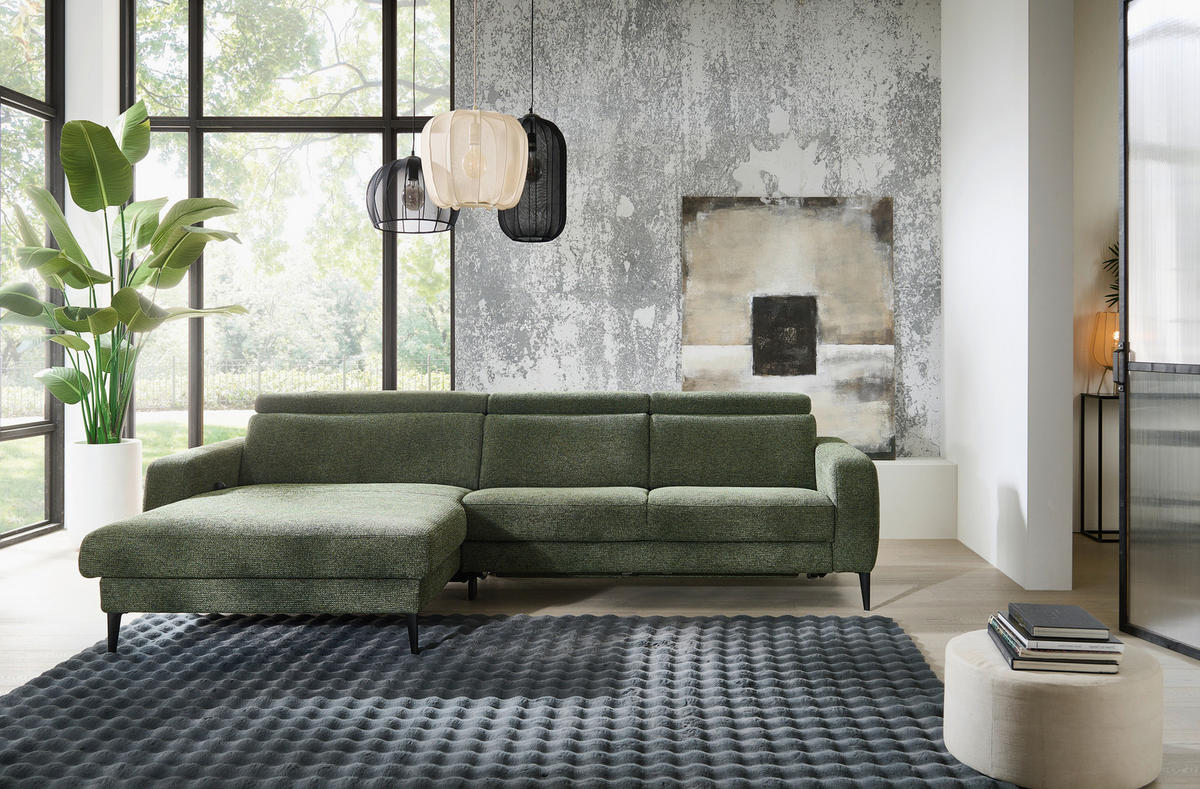 ECKSOFA Grün Chenille  - Schwarz/Grün, KONVENTIONELL, Textil/Metall (177/300cm) - Valdera