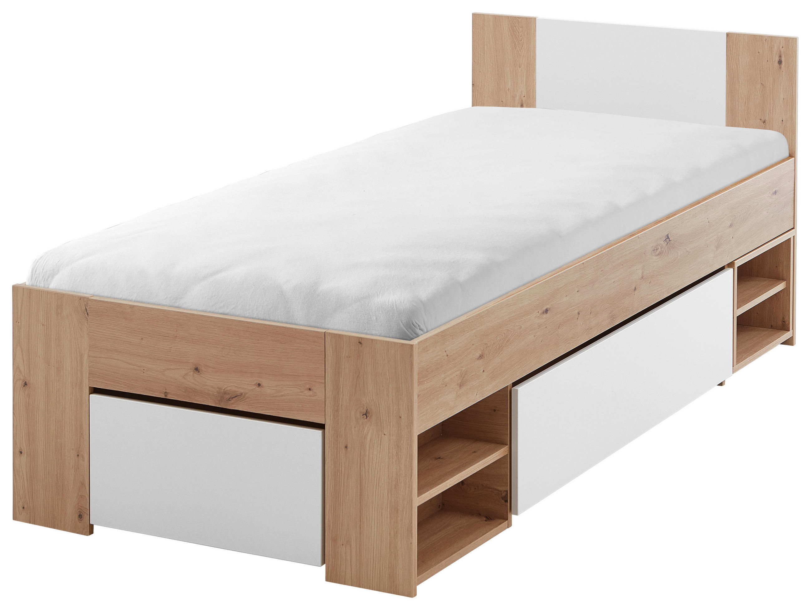 Stauraumbett mit Bettladen 90x 200cm Azurro Weiß/Eiche