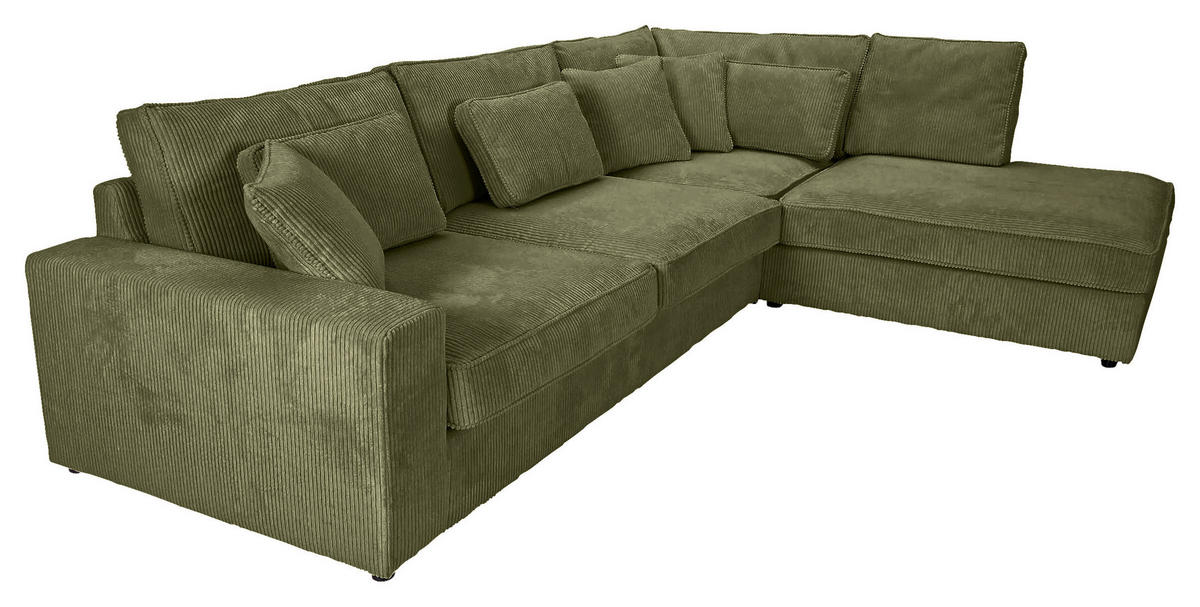ECKSOFA  in Cord Olivgrün Zierkissen, Rückenkissen, Rücken echt  307/228 cm  - Schwarz/Olivgrün, MODERN, Kunststoff/Textil (307/228cm) - Carryhome