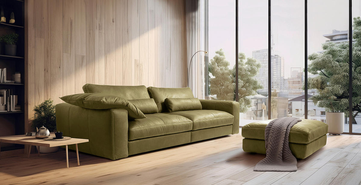 3-SITZER-SOFA  in Echtleder Olivgrün   - Beige/Schwarz, Design, Leder/Kunststoff (300/85/123cm) - Livetastic