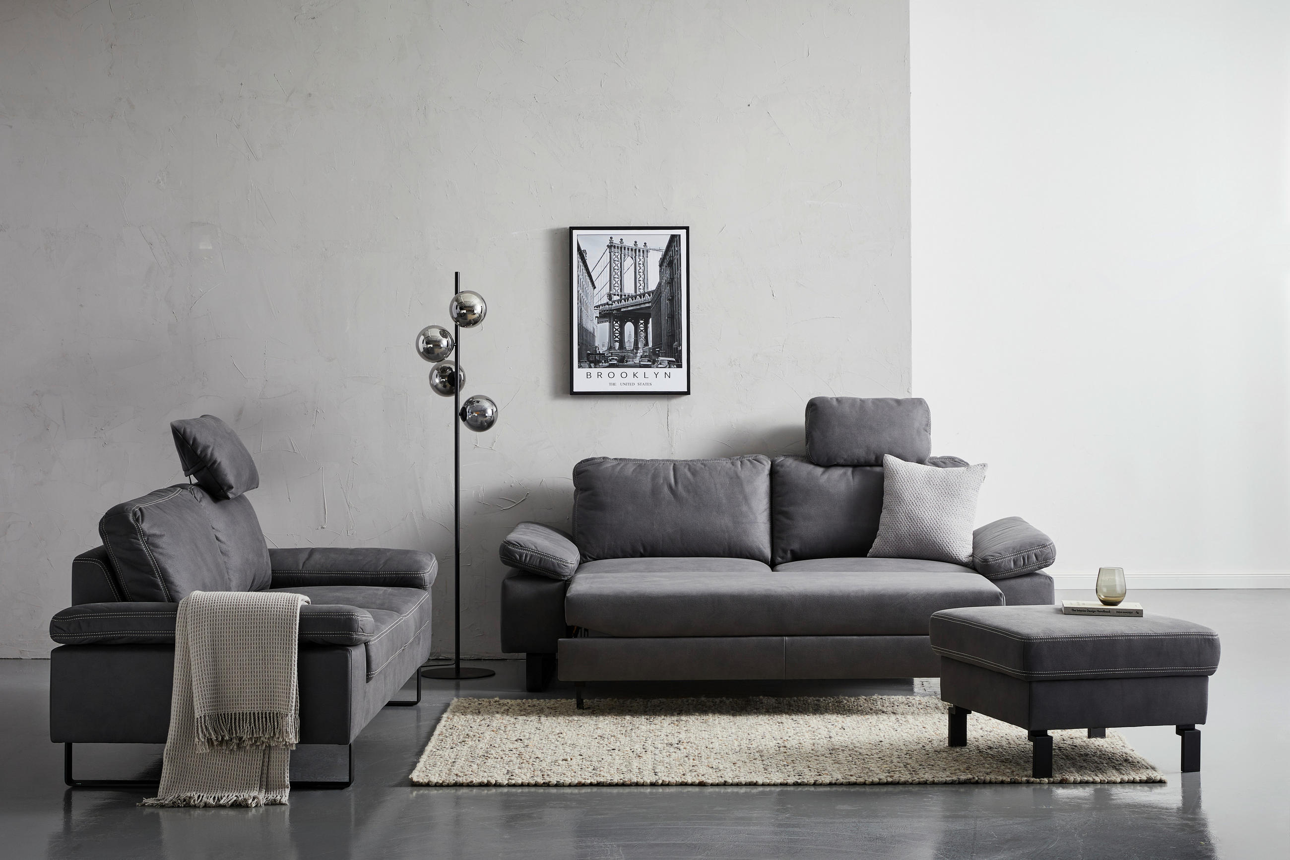 2,5-SITZER in Mikrofaser Grau  - Beige/Schwarz, Design, Textil/Metall (214/86/97cm) - Hom`in