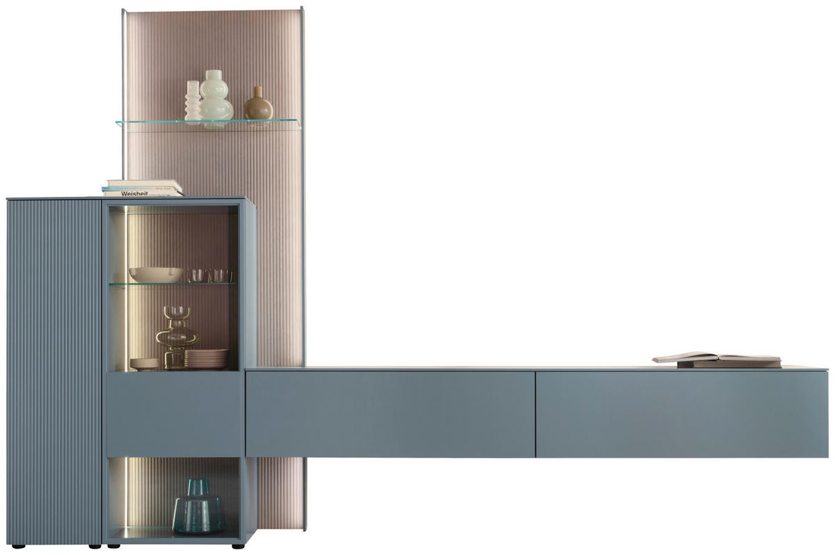 WOHNWAND  in Blaugrau, Eiche grau 340/234/45 cm  - Eiche grau/Blaugrau, Design, Glas/Holz (340/234/45cm) - Schöner Wohnen