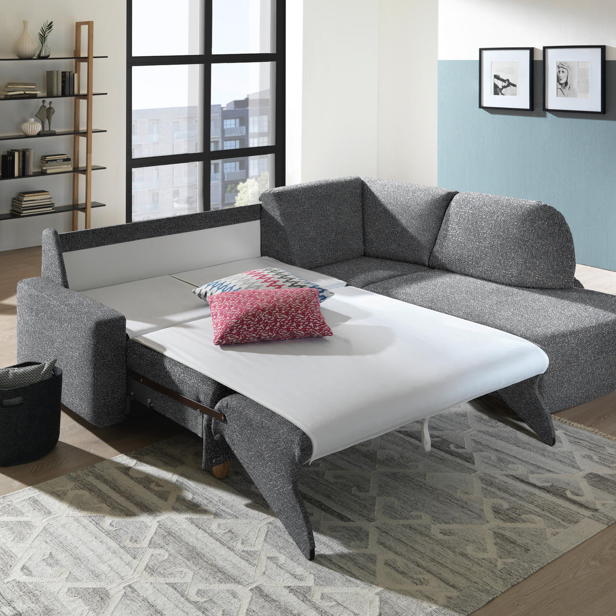 ECKSOFA  in Mikrovelours Grau  227/208 cm  - Eichefarben/Rot, KONVENTIONELL, Holz/Textil (227/208cm) - Sedda