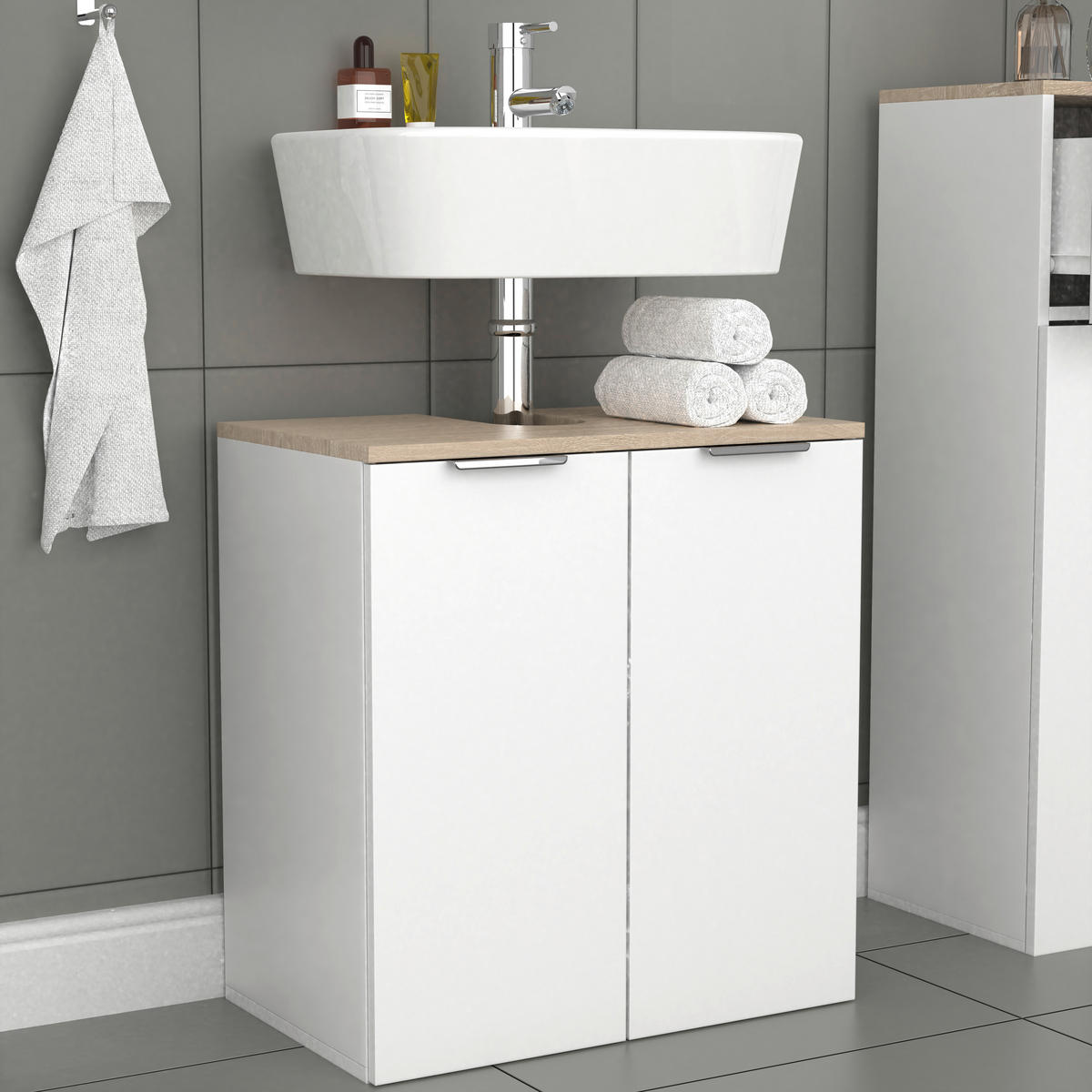 TVÄTTSTÄLLSUNDERSKÅP 56/60/34 cm  - vit/Sonoma ek, Modern, metall/trämaterial (56/60/34cm) - MID.YOU