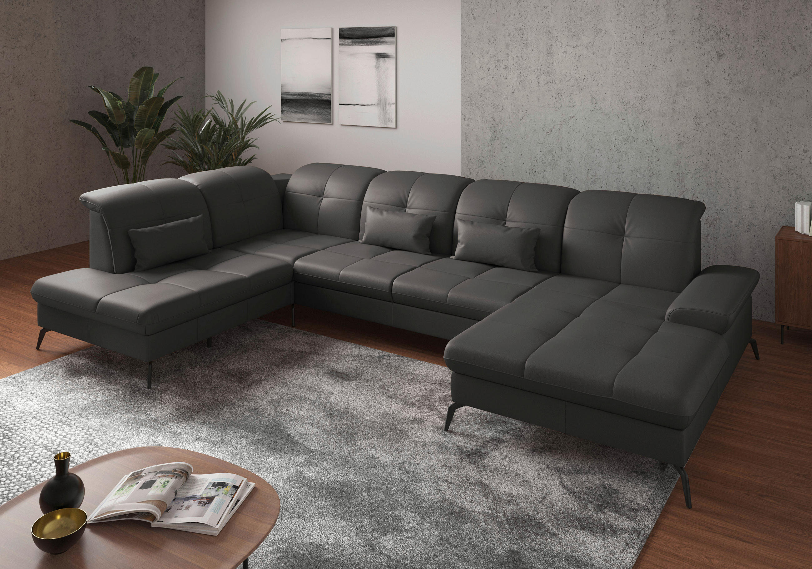 WOHNLANDSCHAFT in Vliesstoff Kombination Echtleder/Stoff Mokka  - Schwarz/Mokka, Konventionell, Leder/Textil (231/357/185cm) - Sit & More