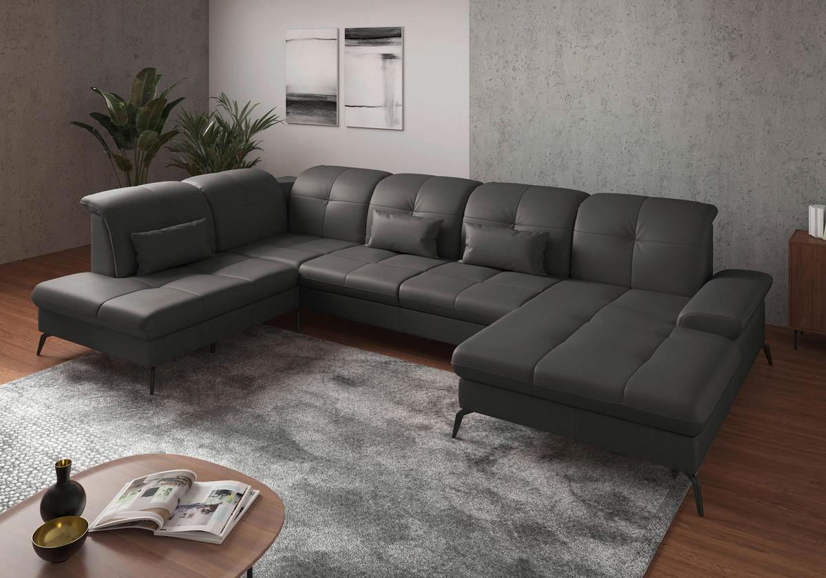 WOHNLANDSCHAFT in Vliesstoff Kombination Echtleder/Stoff Mokka  - Schwarz/Mokka, Konventionell, Leder/Textil (231/357/185cm) - Sit & More