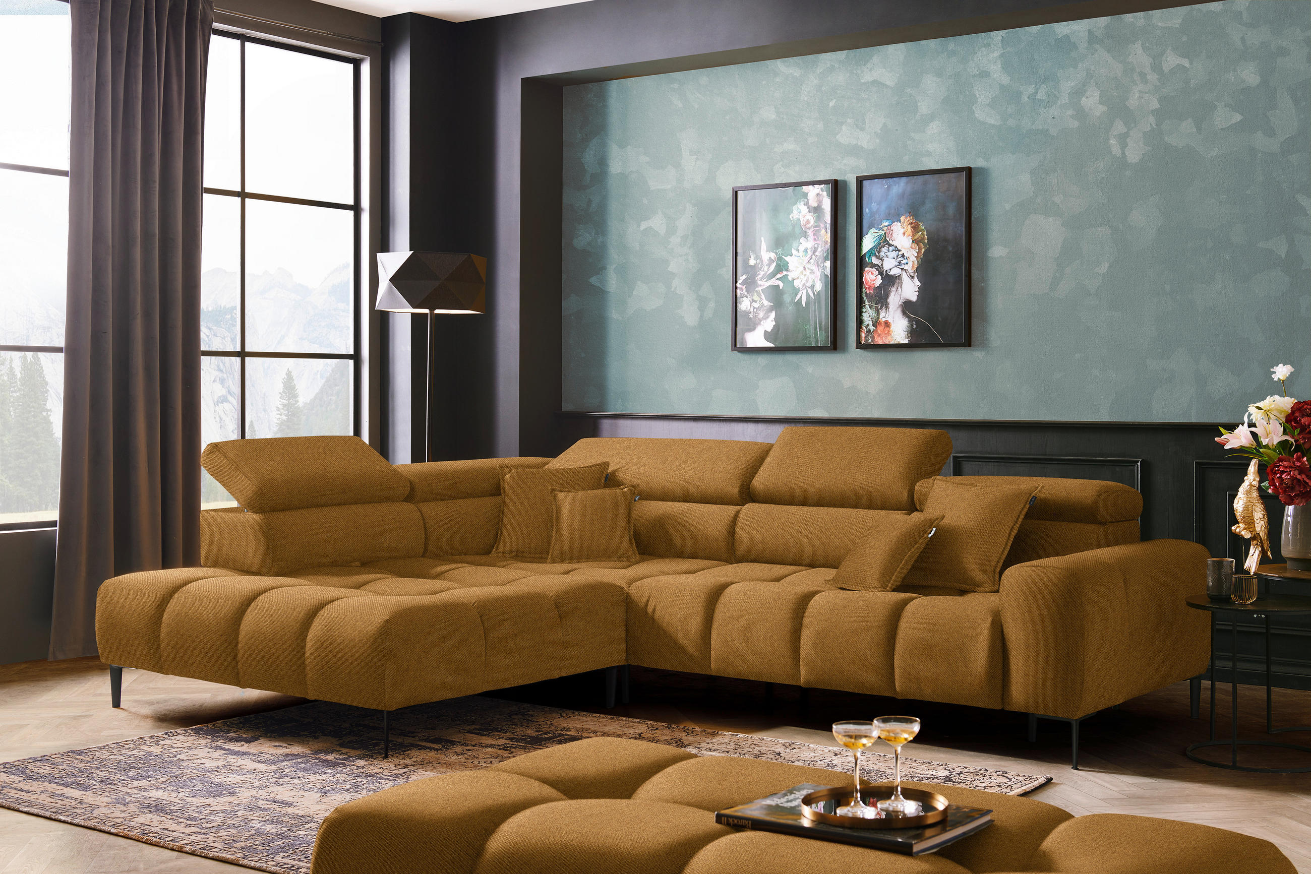 ECKSOFA Currygelb Webstoff  - Currygelb/Schwarz, Design, Textil/Metall (216/300cm) - Welnova