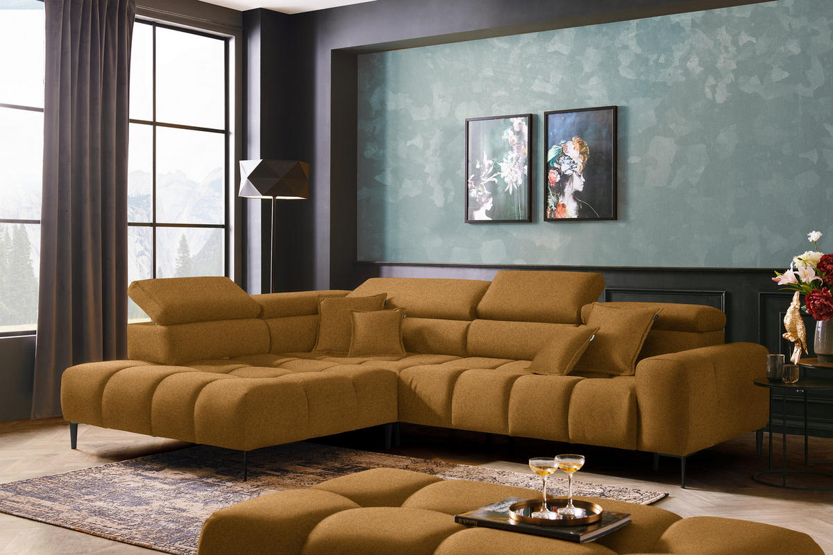 ECKSOFA in Webstoff Currygelb  - Currygelb/Schwarz, Design, Textil/Metall (216/300cm) - Welnova