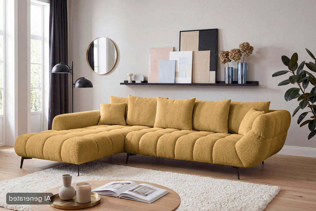 ECKSOFA Currygelb Bouclé Zierkissen, Rückenkissen, Rücken echt  - Currygelb/Schwarz, MODERN, Textil/Metall (217/318cm) - Carryhome