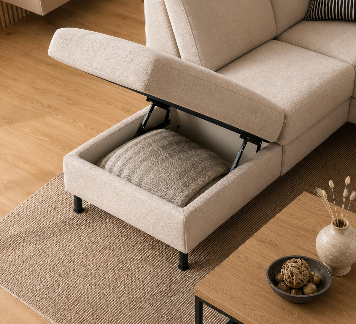 ECKSOFA Creme Chenille Rücken echt  - Creme/Schwarz, Design, Textil/Metall (203/227cm) - Beldomo System