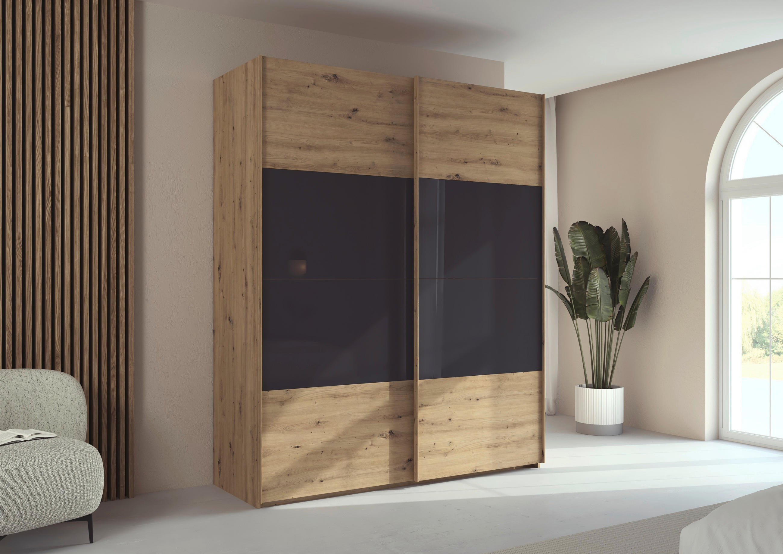 SCHWEBETÜRENSCHRANK 181/223/68 cm 2-türig Schwarz, Eiche Artisan  - Eichefarben/Schwarz, Design, Glas/Holzwerkstoff (181/223/68cm) - Xora