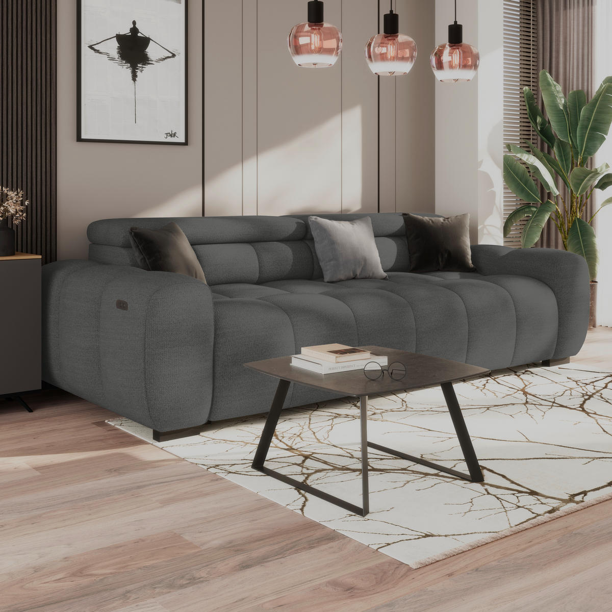BIGSOFA inkl. mot. Funktion Webstoff Anthrazit  - Anthrazit/Schwarz, Design, Kunststoff/Textil (248/77-97/108cm) - Welnova