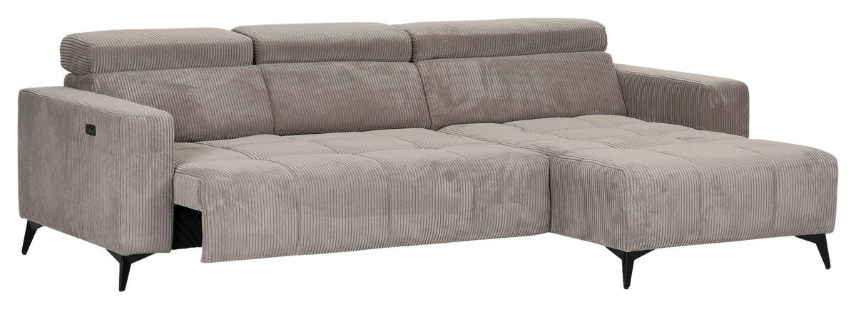 ECKSOFA Taupe Cord Rücken echt, Kopfteilverstellung, Sitzvorzug  - Taupe/Schwarz, KONVENTIONELL, Textil/Metall (257/170cm) - Carryhome