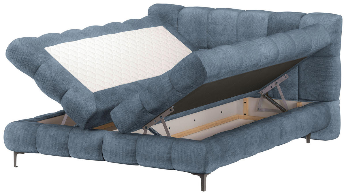 BOXBETT 160/200 cm,  in Blaugrau, gepolstertes Kopfteil, Bettkasten, Topper, H3 + H3 = fest  - Blaugrau/Schwarz, Design, Textil/Metall (160/200cm) - Ti'me